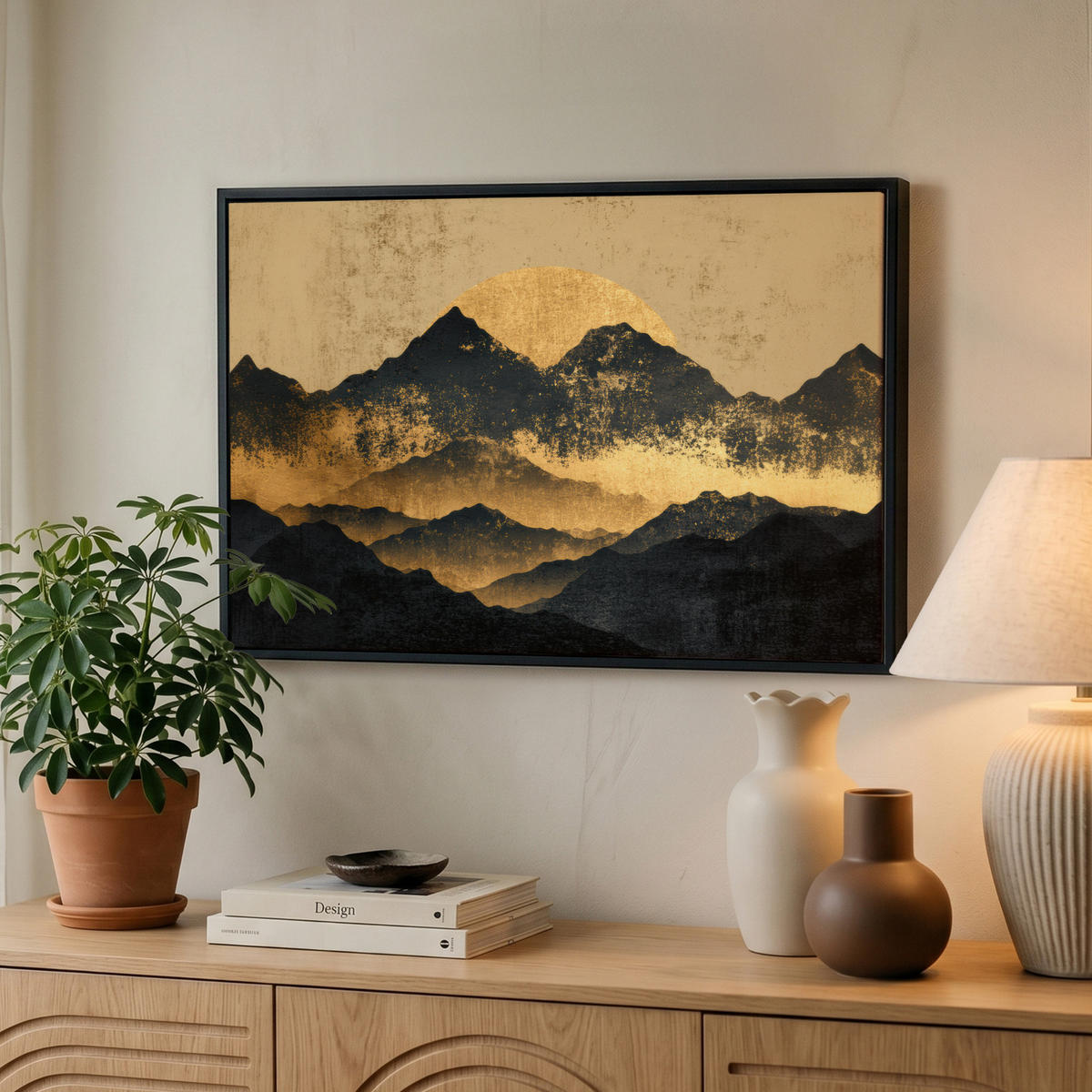 LEINWAND Bilder mit Rahmen - Goldene Berge bei Mondschein - 60x40 - Goldfarben, Textil (60/40cm) - MuchoWow