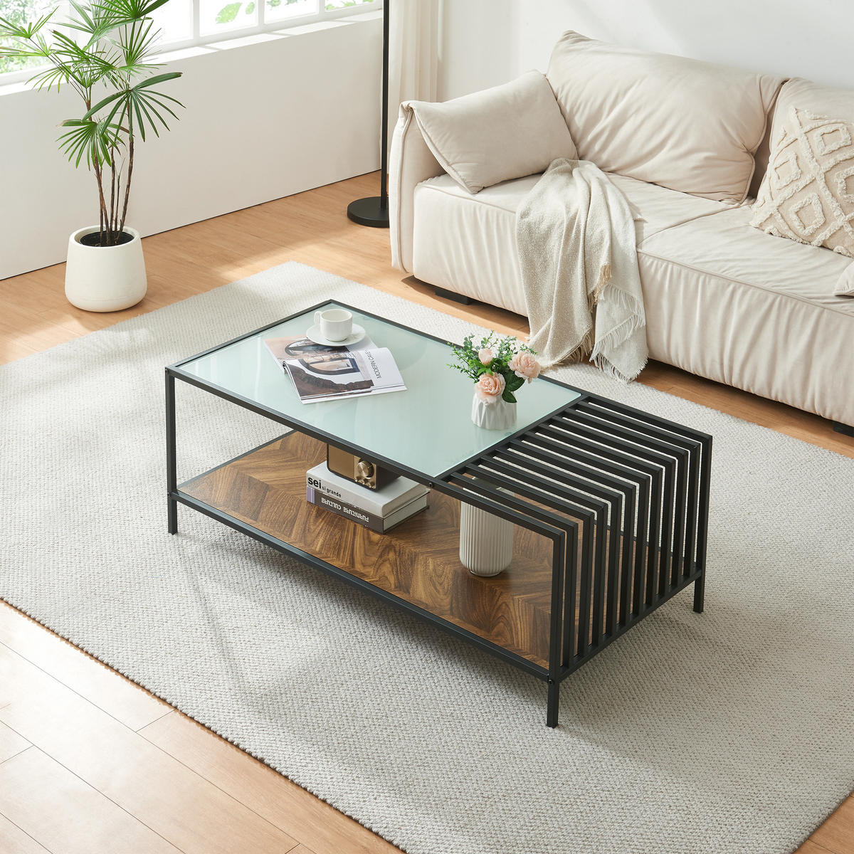 COUCHTISCH Pärghos 120/60/45 cm - Eichefarben/Schwarz, Glas/Metall (60/120/45cm) - [en.casa]