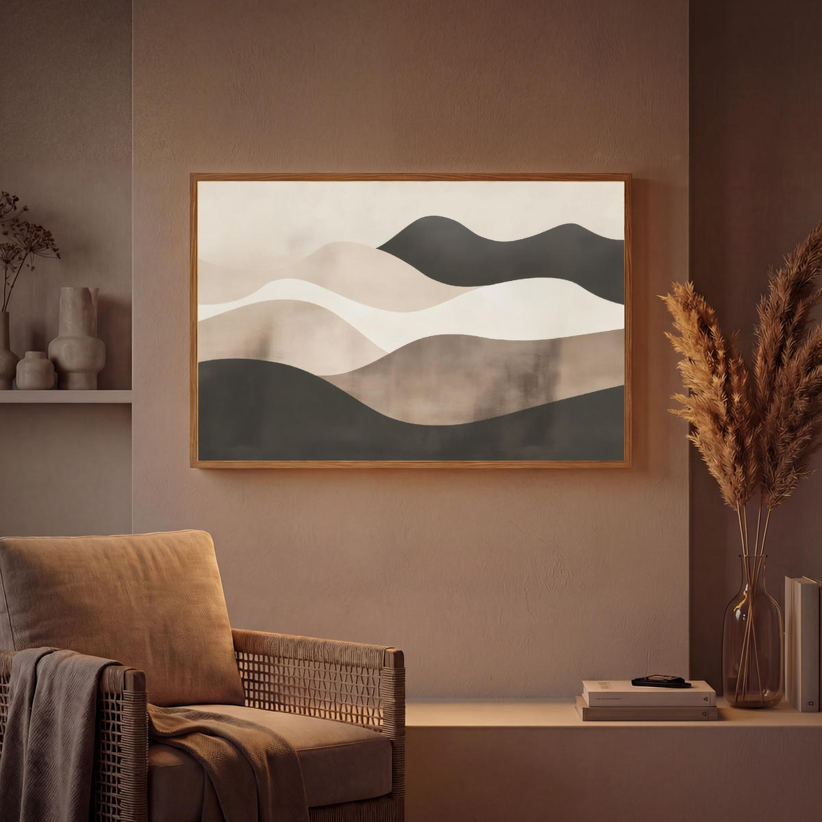 NÁSTĚNNÁ LAMPA S AKUMULÁTOREM Abstraktní - Krajina - Vlny - Krémová barva 90x60 cm - šedohnědá, kompozitní dřevo (90/60/8cm) - OnlyWow