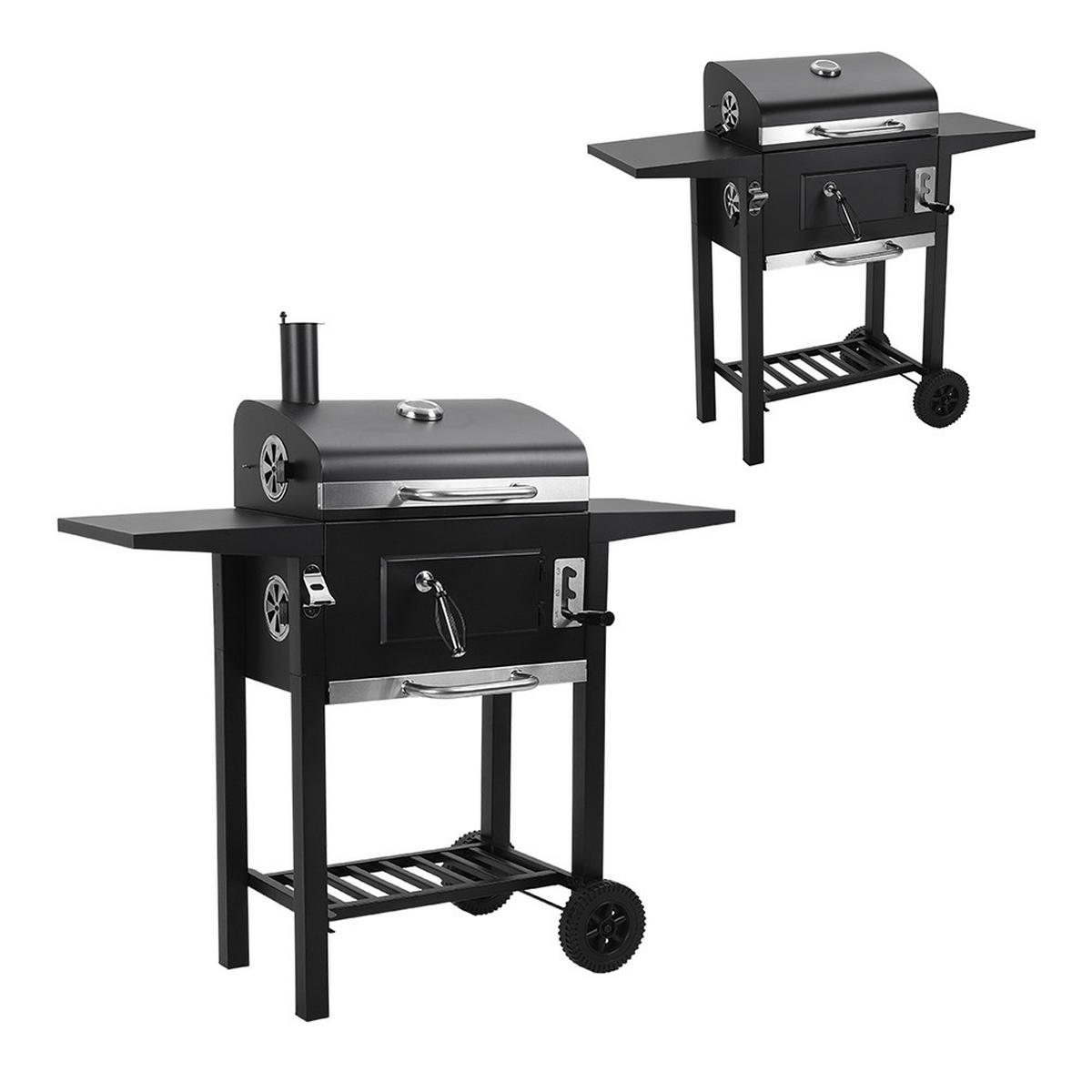 HOLZKOHLEGRILL aus Karbonstahl in Schwarz für das Outdoor-Kochen Belüftung Mobilität 109 cm B × 46 cm T × 106,5 cm H - Schwarz, Metall (109/106.5/46cm) - Livingandhome