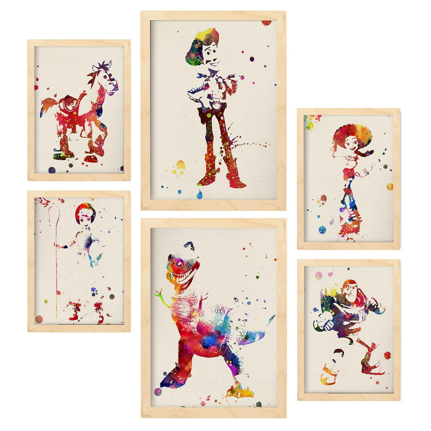 POSTER Set Mit 6 Toy Story Illustrationen Im Aquarell Stil Von Klassischen Kindermärchen, Filmen Und Büchern A3 & A4 Rahmen Aus Hellem Holz - Beige, Papier (29/3cm) - Nacnic