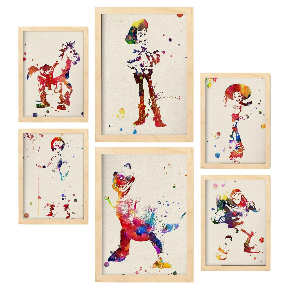 POSTER Set Mit 6 Toy Story Illustrationen Im Aquarell Stil Von Klassischen Kindermärchen, Filmen Und Büchern A3 & A4 Rahmen Aus Hellem Holz - Beige, Papier (29/3cm) - Nacnic