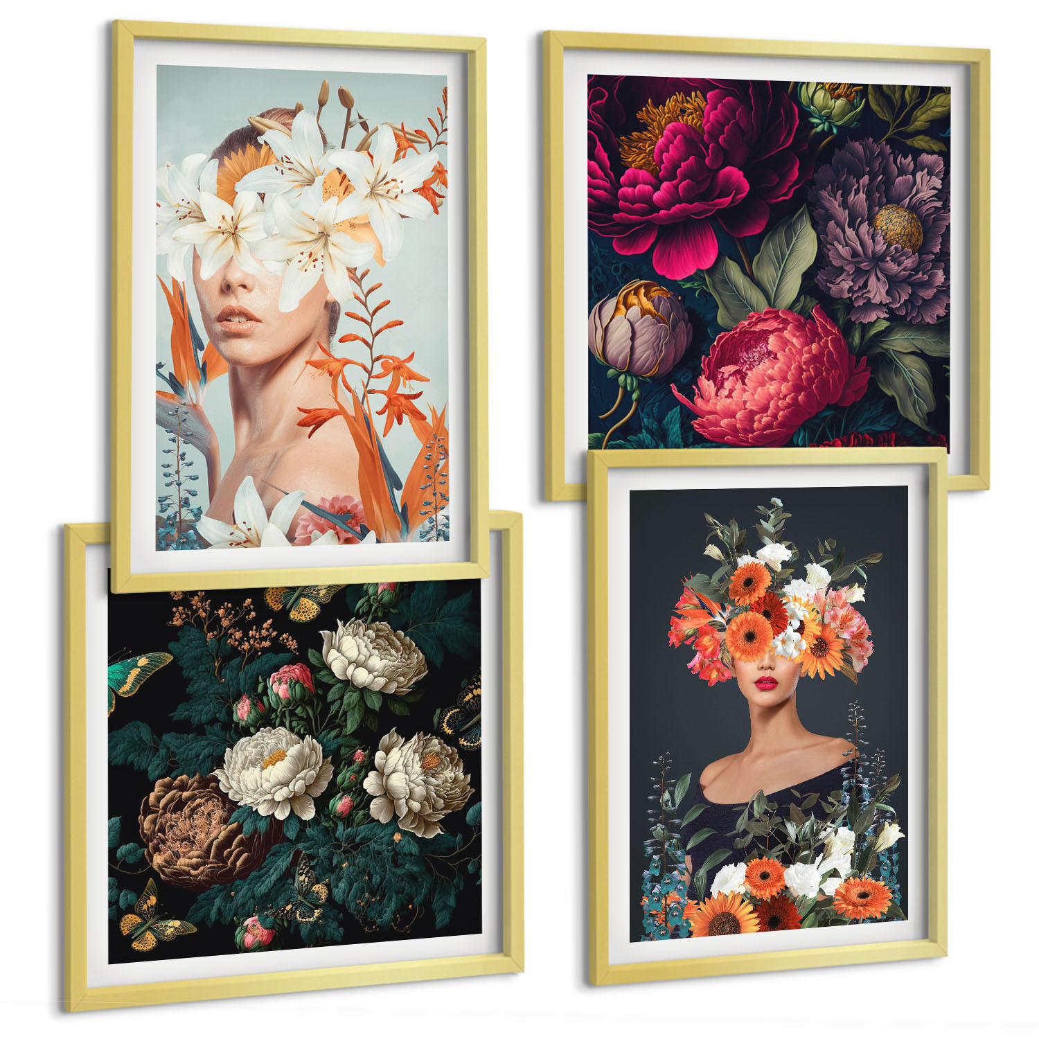 BILDER SET 4er Set - 50x50 cm & 40x60 cm Goldrahmen - Blumenporträts, Sträuße, Blätter - Goldfarben, Kunststoff (50/50cm) - TULUP