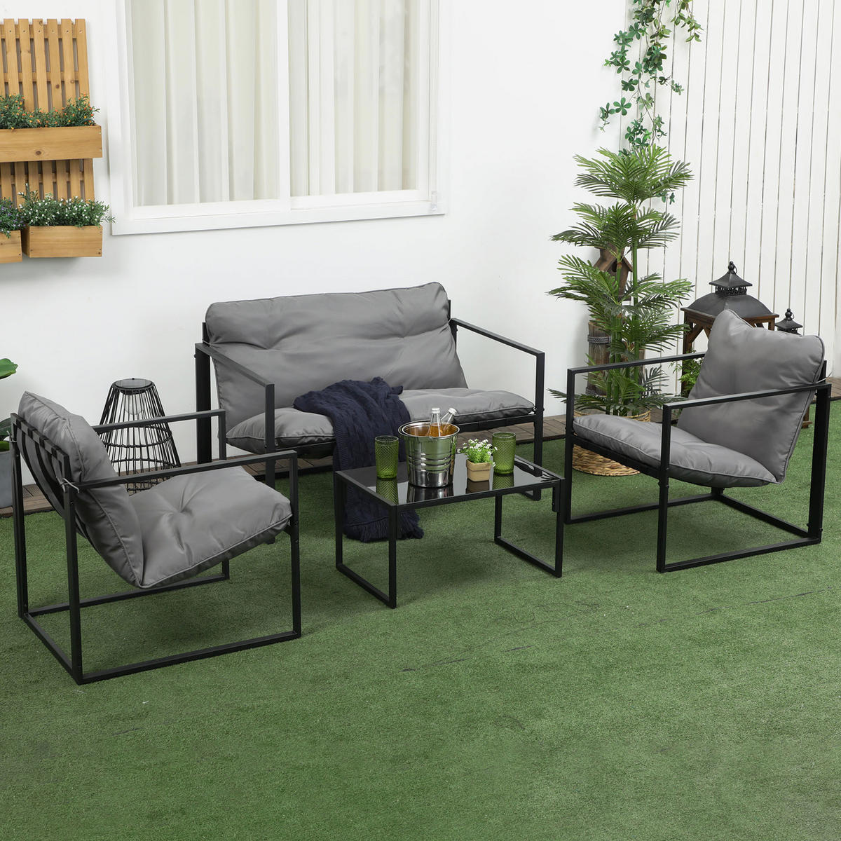 GARTENMÖBEL-SET, Stahl, Grau+Schwarz - Multicolor, Metall - Outsunny