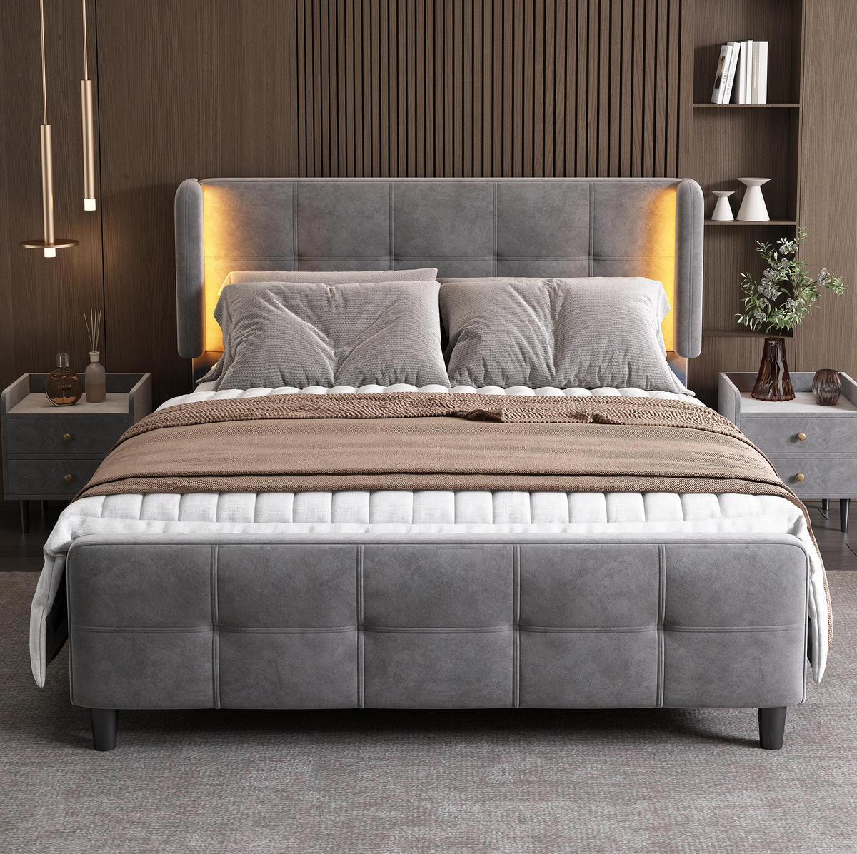 POLSTERBETT 140/200 cm Grau aus Samt mit LED-Beleuchtung - Grau, Textil (140/200cm) - OKMYHOME