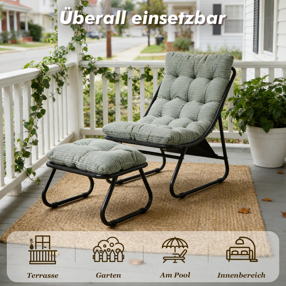 SESSELSET, Relaxsessel mit Hocker,Stahlrahmen,Cord,Hellgrün - Grün, Metall (78/86/65cm) - LVHOM