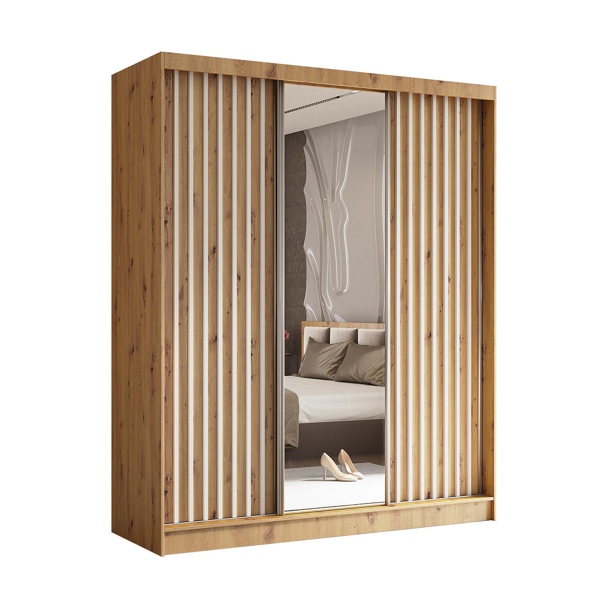 SCHWEBETÜRENSCHRANK LAMELLO 180/216/61 cm 3-türig mit Spiegel Eiche Artisan - Eiche Artisan, Holzwerkstoff (180/216/61cm) - MASSENO