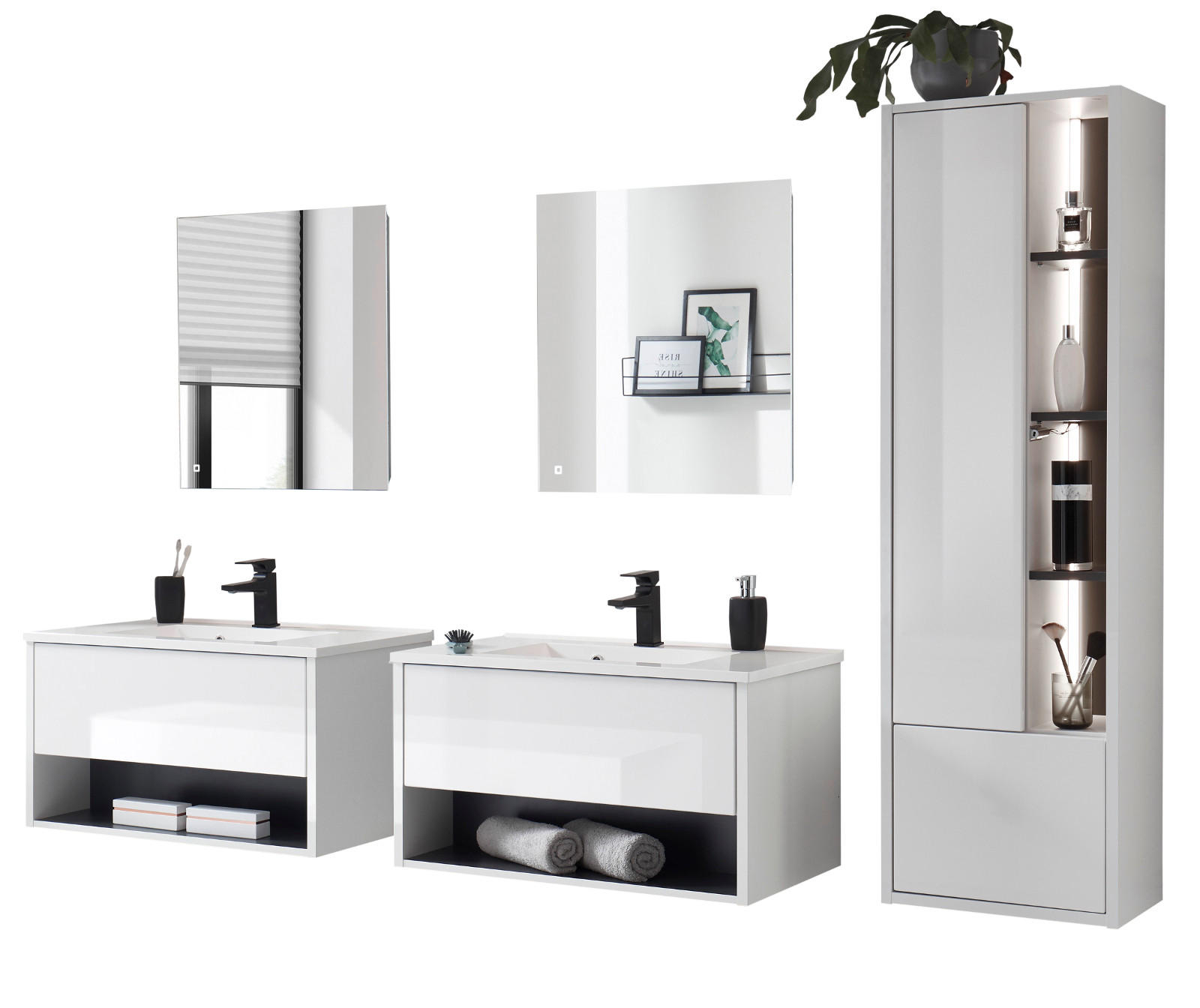 BADMÖBEL-SET weiß Hochglanz, grau 7-teilig, Komplettset mit Waschbecken und LED Beleuchtung - Weiß Hochglanz/Grau, Glas/Holzwerkstoff (225/190/47cm) - Furn.Design