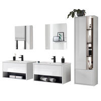 BADMÖBEL-SET weiß Hochglanz, grau 7-teilig, Komplettset mit Waschbecken und LED Beleuchtung - Weiß Hochglanz/Grau, Glas/Holzwerkstoff (225/190/47cm) - Furn.Design