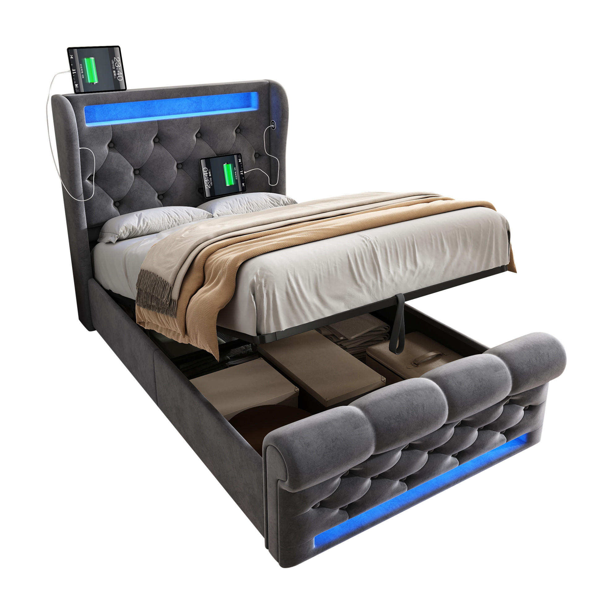 SAMT-POLSTERBETT 90/200 cm mit LED-Beleuchtung und Bettkasten, Grau - Grau, Textil (90/200cm) - BEAOK