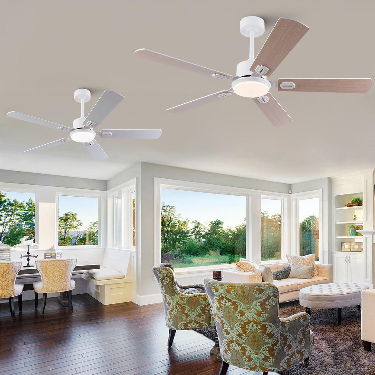 DECKENVENTILATOR 52Zoll LED Licht 5 Flügel Doppelfinish Weiß Holz - Weiß, Kunststoff (132/132/45cm) - CASIVA