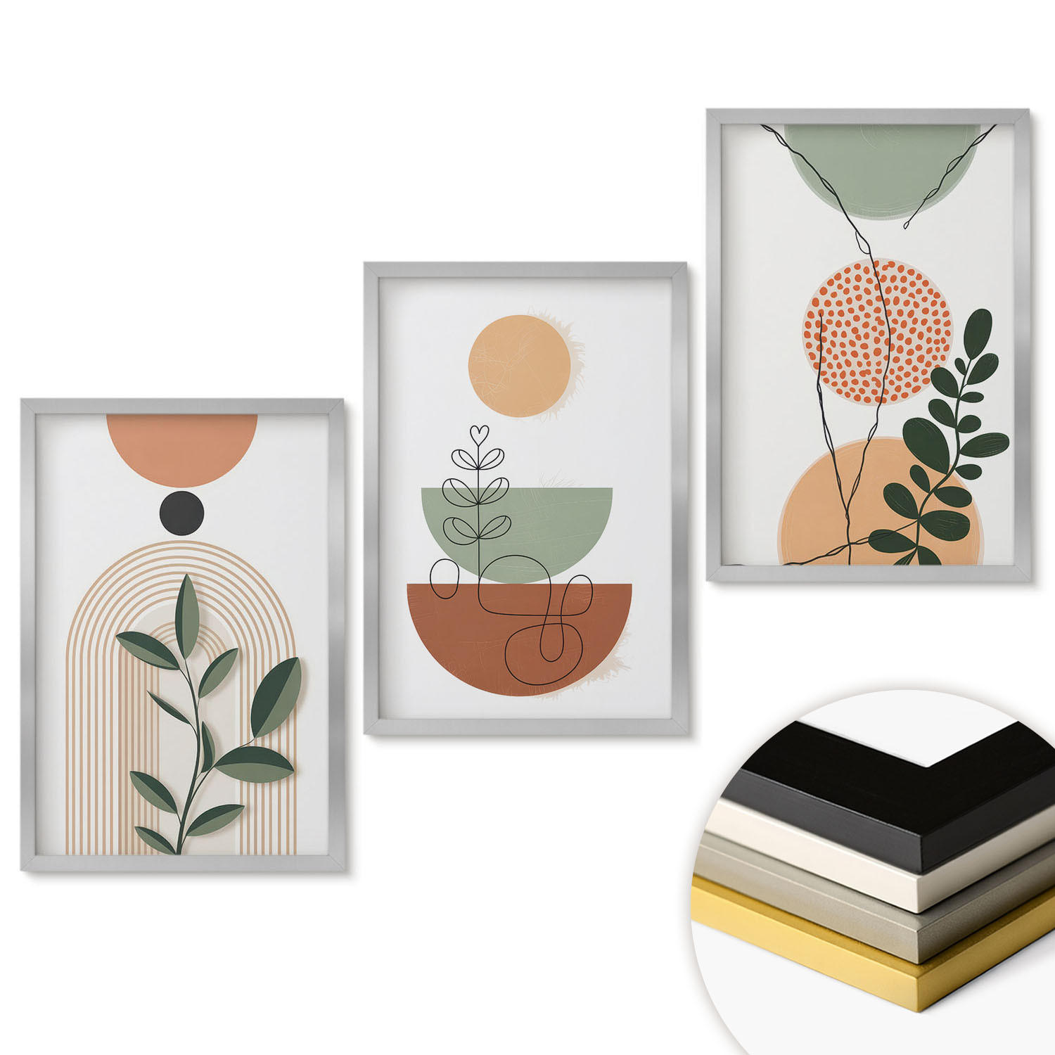 WANDBILDER 3er Set - 40x60 cm Silberner Rahmen - Abstrakte Pflanzenformen - Silberfarben, Kunststoff (40/60cm) - ArtPrintCave