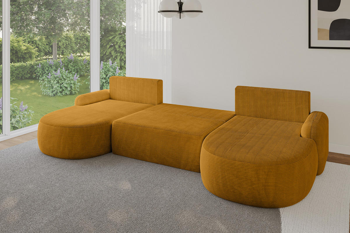 WOHNLANDSCHAFT mit Schlaffunktion und Bettkasten LIRA-U - 335x172x89 Senfgelb - Sandfarben, Holzwerkstoff/Textil (335/89/172cm) - ALTDECOR