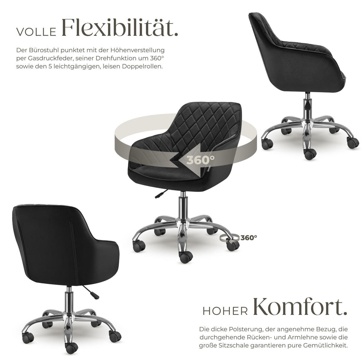 DREHSTUHL Nancy, 57 x 60 x 82 – 91 cm, Belastbarkeit 150 kg, schwarz - Schwarz, Kunststoff (57/91/60cm) - tectake