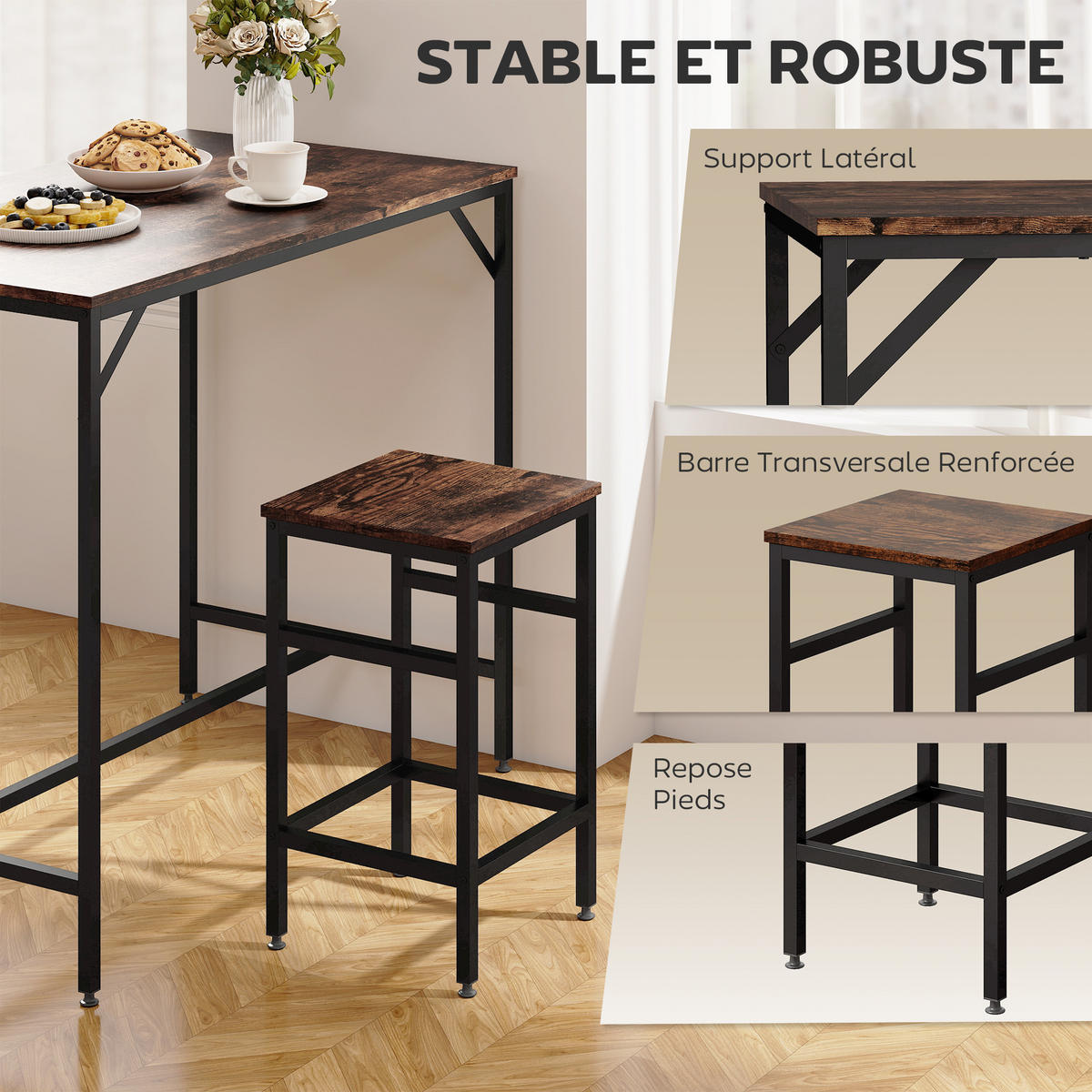 BARTISCH-SET DE-14737 mit 4 Hockern & Fußstützen Eiche/Schwarz - Schwarz, Metall (100/60/88cm) - ComfortXL