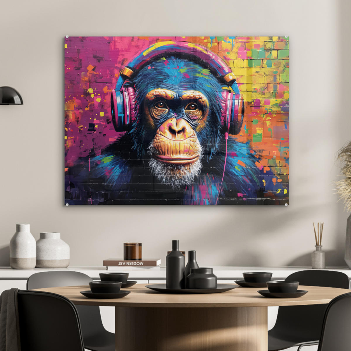 ACRYLGLASBILD Graffiti - Schimpanse - Straßenkunst - Kopfhörer - Affe 80x60 cm - Blau, Glas (80/60cm) - MuchoWow