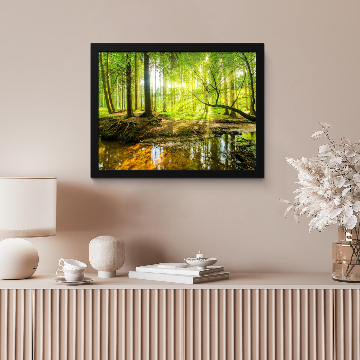 POSTER MIT RAHMENGERAHMTES BILD Wald - Landschaft - Wasser - Bäume - Sonne - Grün - Natur 40x30 cm - Grün, Papier (40/30cm) - MuchoWow