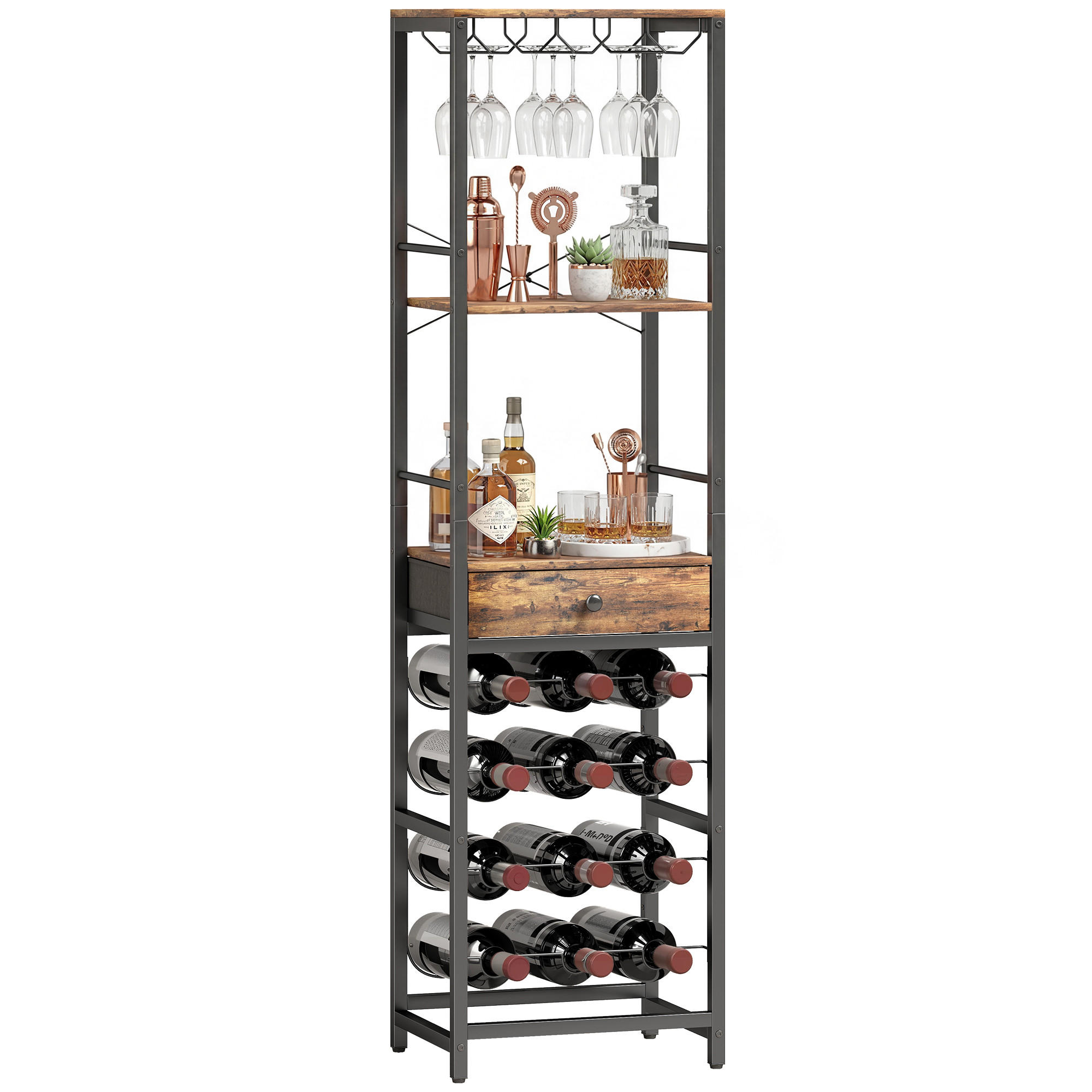WEINREGAL, 12 Flaschen, offenes Fach, Schublade, rustikal braun, 40x30x148cm - Multicolor, Metall (40/148/30cm) - FORIOUS