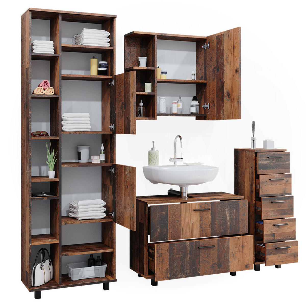 BADMÖBEL-SET Ilias Eiche rustikal 4 Teile, mit Hochschrank - Wildeiche, Holzwerkstoff (80.2/60.8/33cm) - Vicco