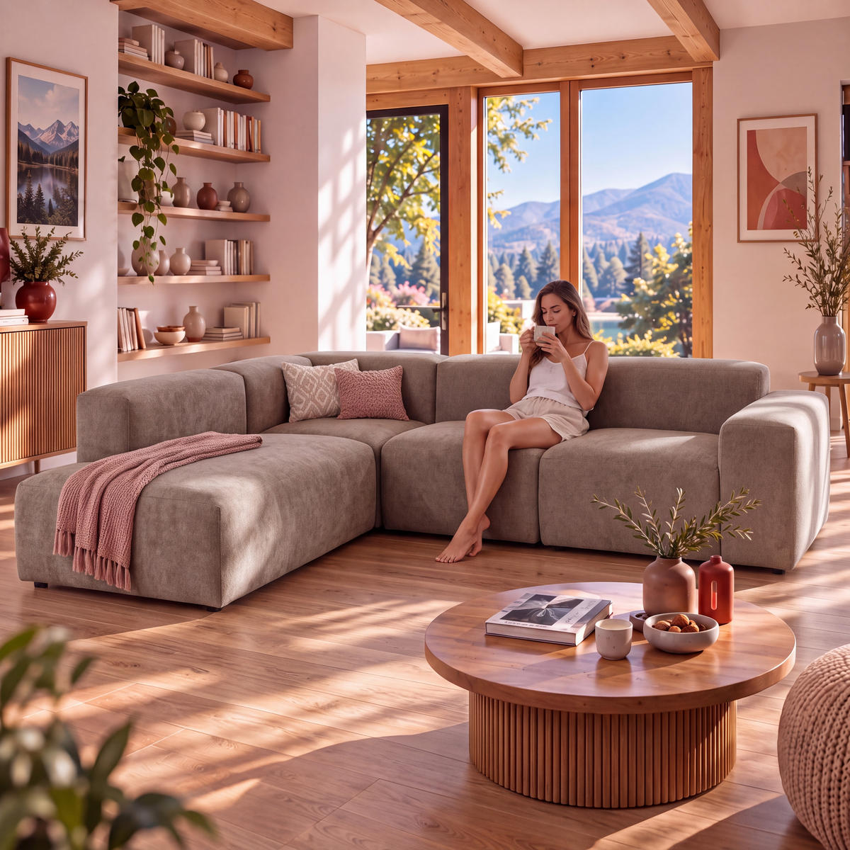 4-SITZER modulares Ecksofa HEAVEN SET 2 Links, Breite 300 cm Webstoff Braun - Schwarz/Braun, Holz/Kunststoff (300/245cm) - Muffo