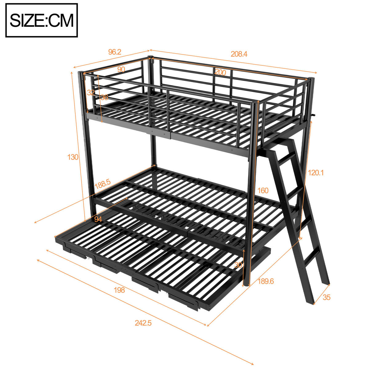 ETAGENBETT 90/200 cm mit Ausziehbett, DE-41598, in Schwarz - Schwarz, Metall (90/200cm) - ComfortXL