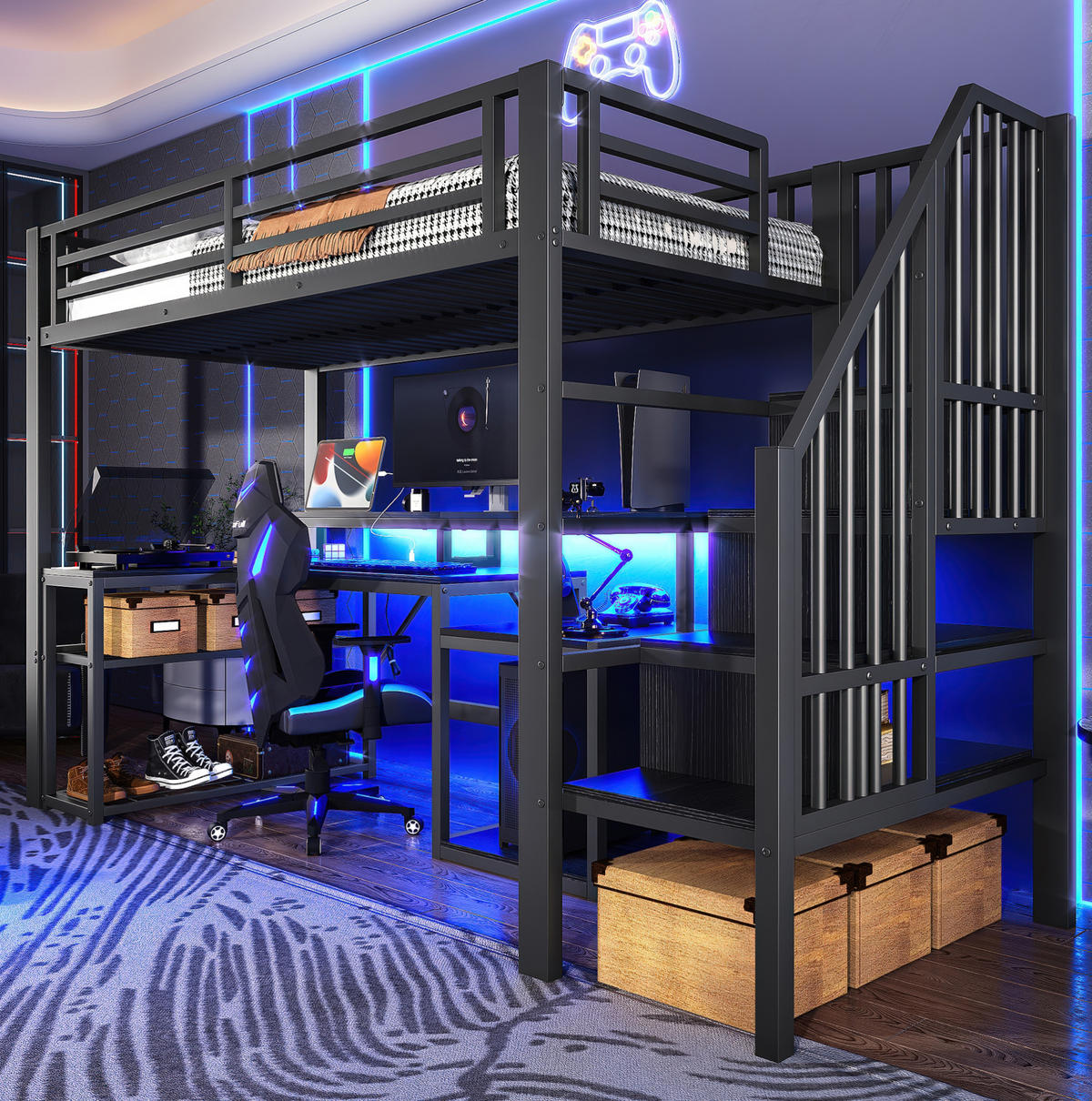 HOCHBETT aus Metall und MDF 90x200 cm Schwarz mit Stauraumtreppe, Schreibtisch, LED und USB - Schwarz, Metall (90/200cm) - IVMEU