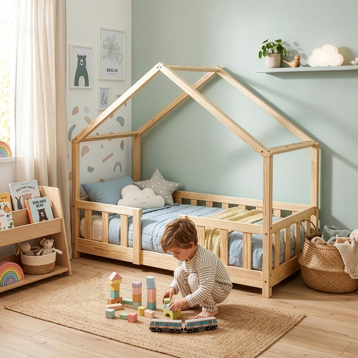 HAUSBETT Treviolo mit Matratze - Naturfarben, Holz/Textil (70/140cm) - [en.casa]