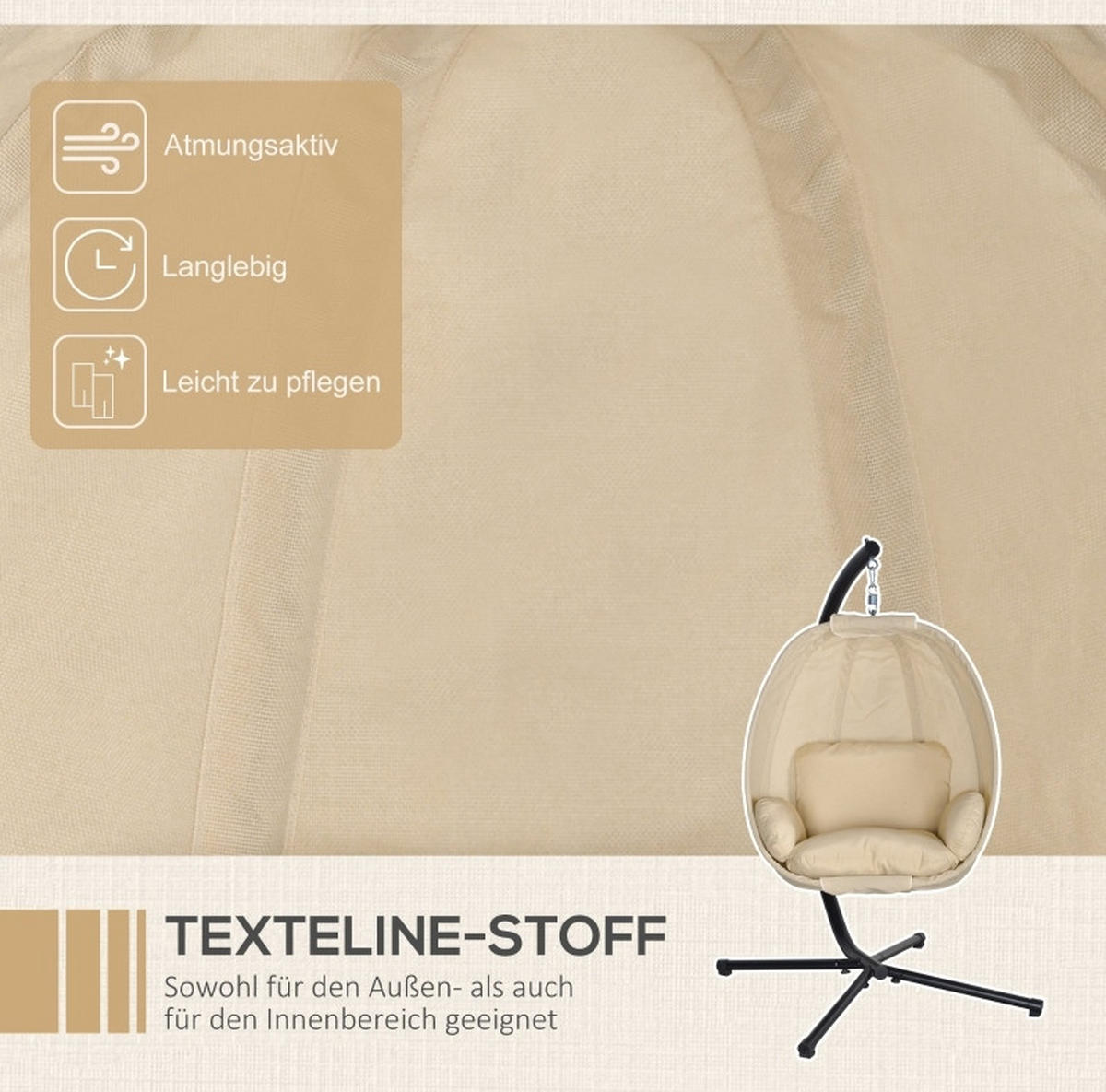 ZÁVĚSNÉ křeslo 125/95/170 cm skládací s měkkým polštářem a kovovým stojanem, Khaki - béžová, kov (95/170/125cm) - Redom