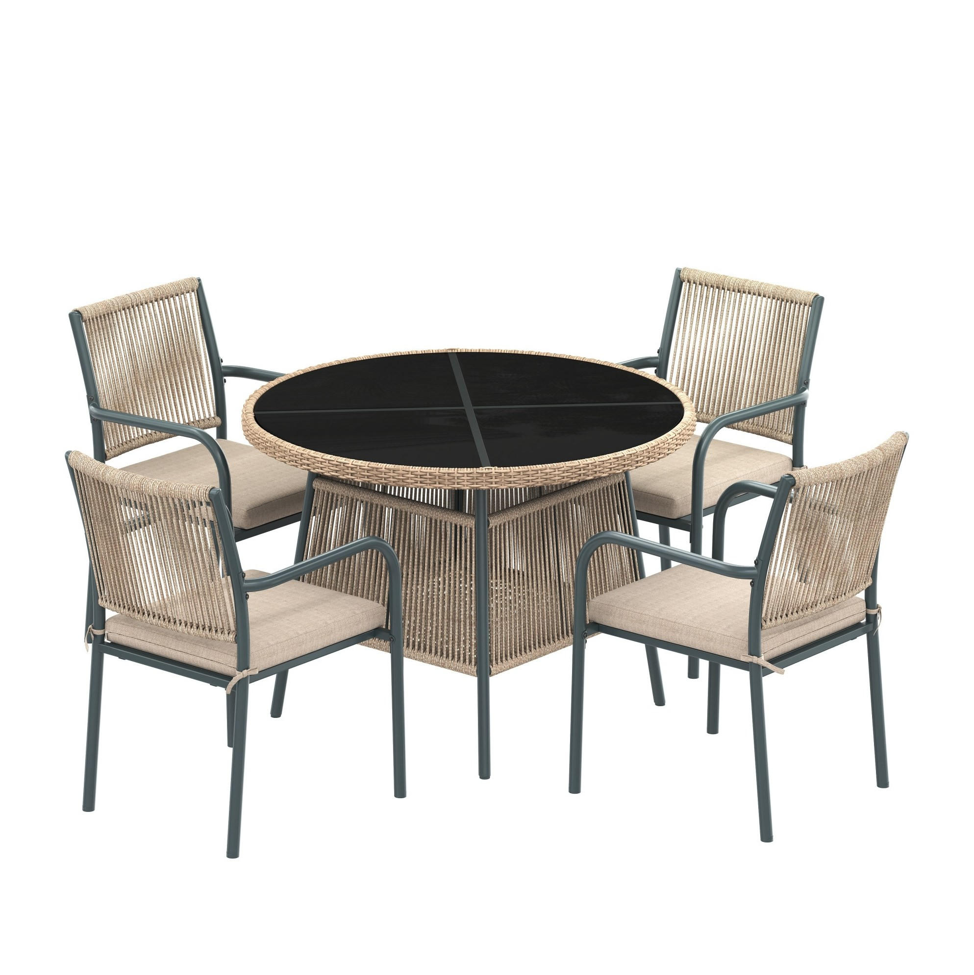 Modfu ZAHRADNÍ jídelní set z železa, polyesteru a tvrzeného skla 110x110x74 cm šedý s křesly