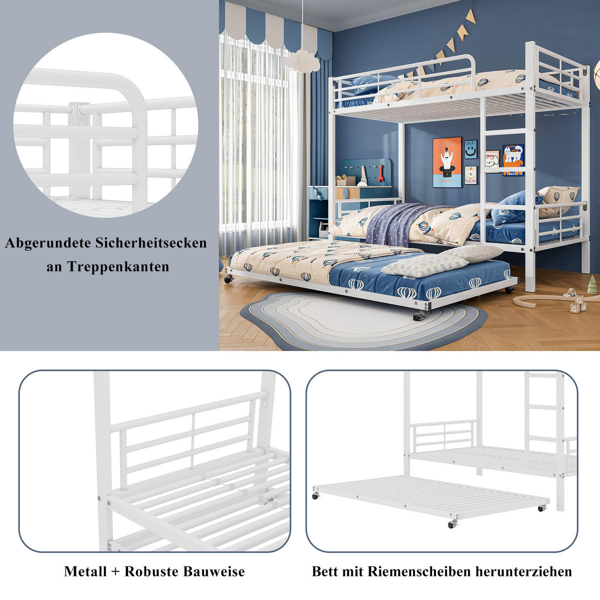ETAGENBETT 90x200cm&90x190cm mit Ausziehbett in Weiß - Weiß, Metall (90/200cm) - KOMHTOM