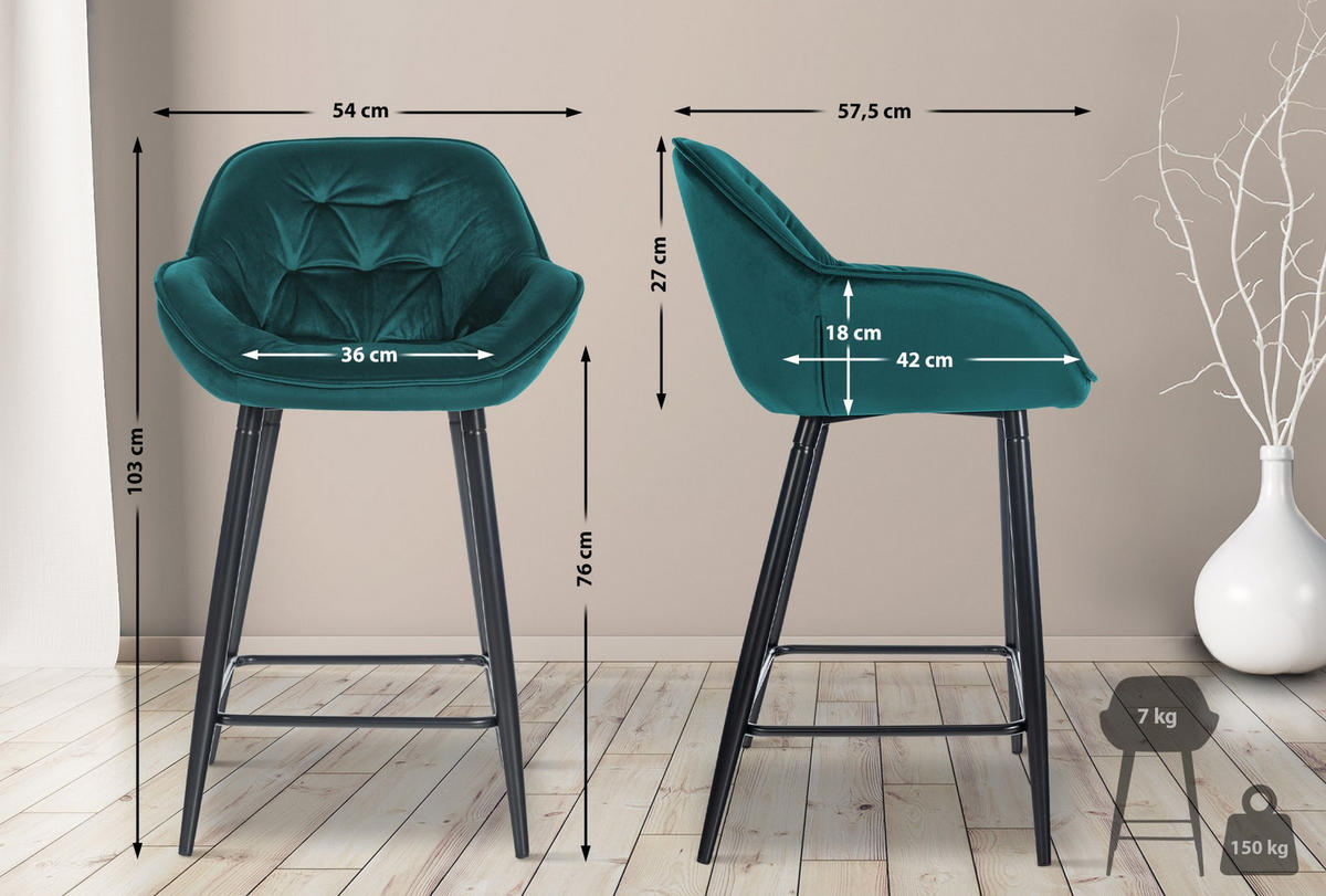 BARHOCKER 2er Set Samt dunkelgrün - Dunkelgrün/Schwarz, Textil/Metall (54/103/57.5cm) - CLP