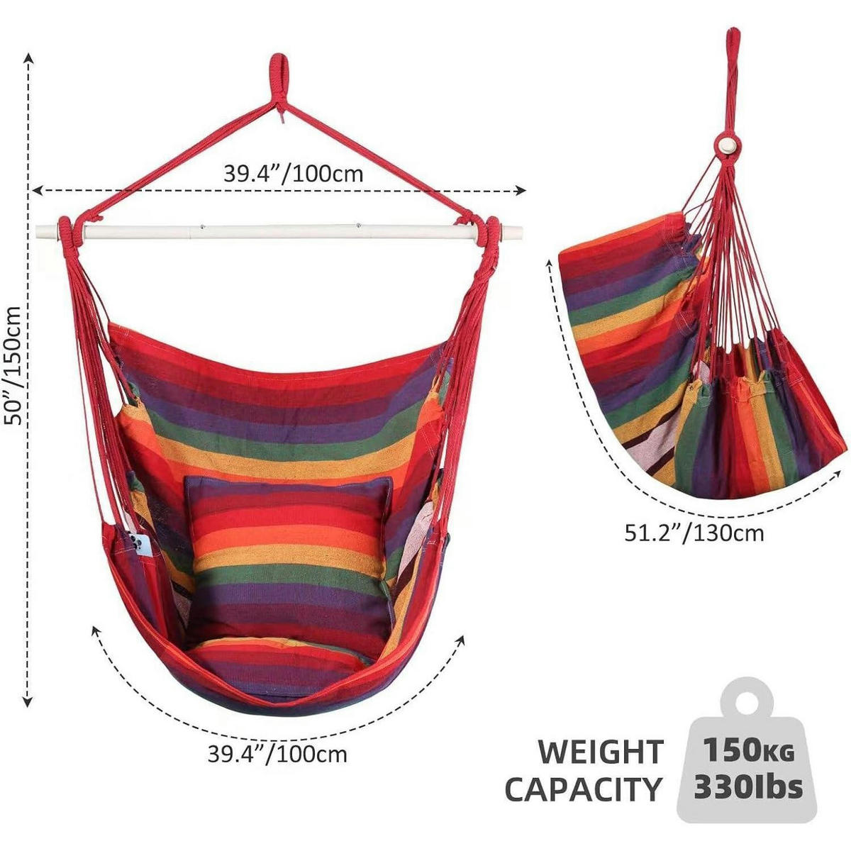 HÄNGESESSEL Regenbogen mit 2 Sitzkissen - Multicolor, Textil (100/1.5/150cm)