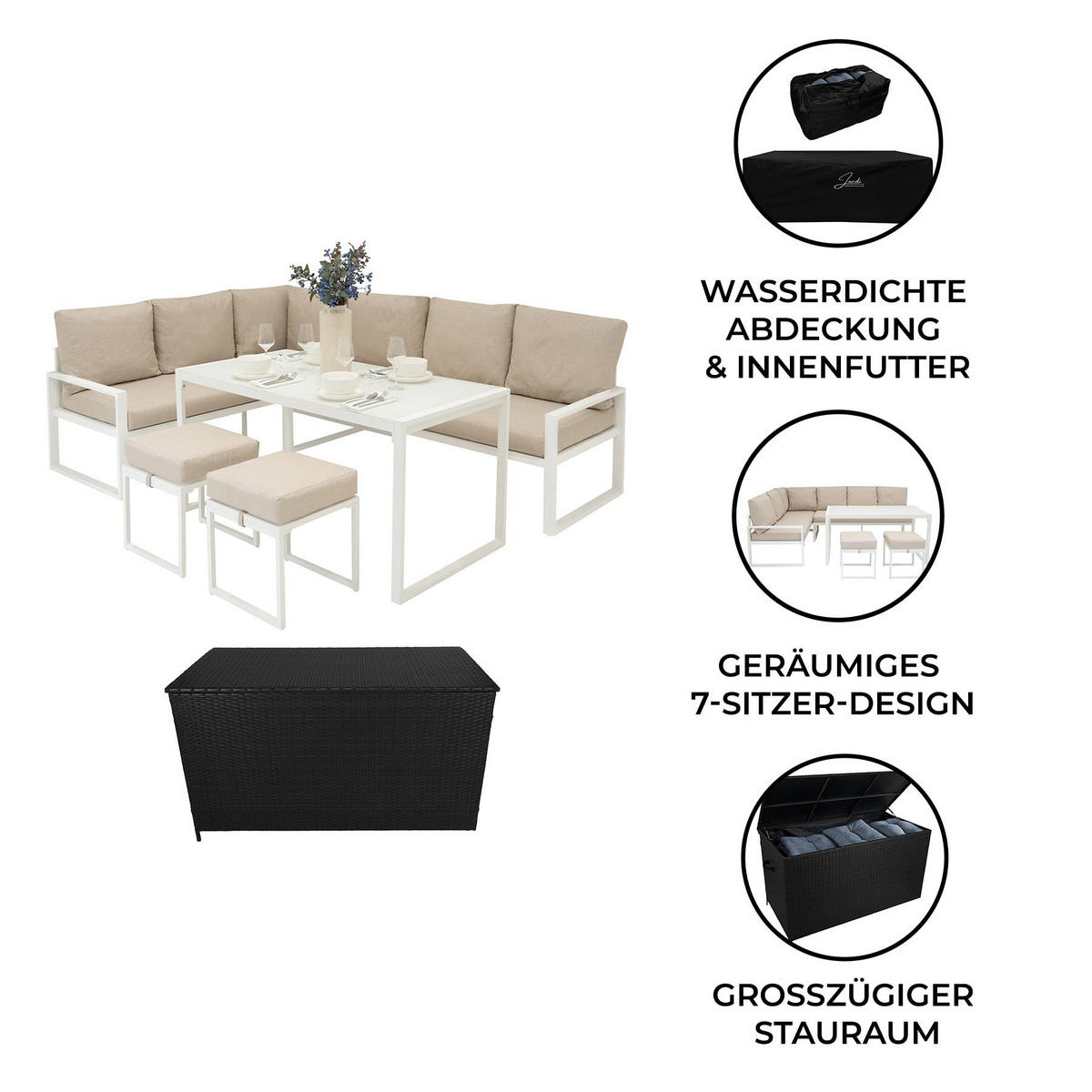 ECKSOFA-SET 5-teiliges Aluminium mit schwarzer Rattan-Aufbewahrungsbox - Weiß - Weiß, Metall