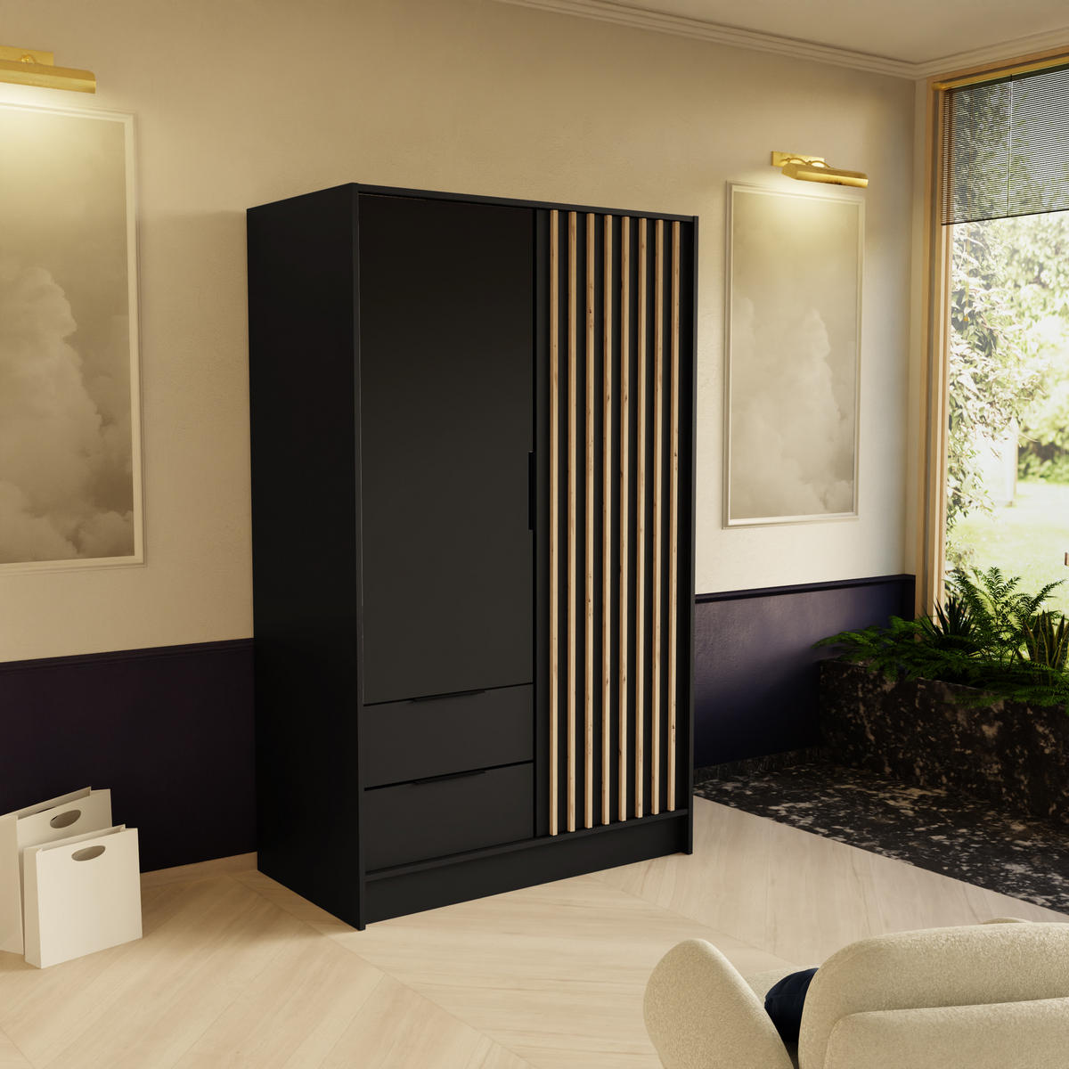 DREHTÜRENSCHRANK PELOR 102/200/51 cm Modern Kleiderschrank 2-türig Schwarz - Schwarz, Holzwerkstoff (102/200/51cm) - MASSENO