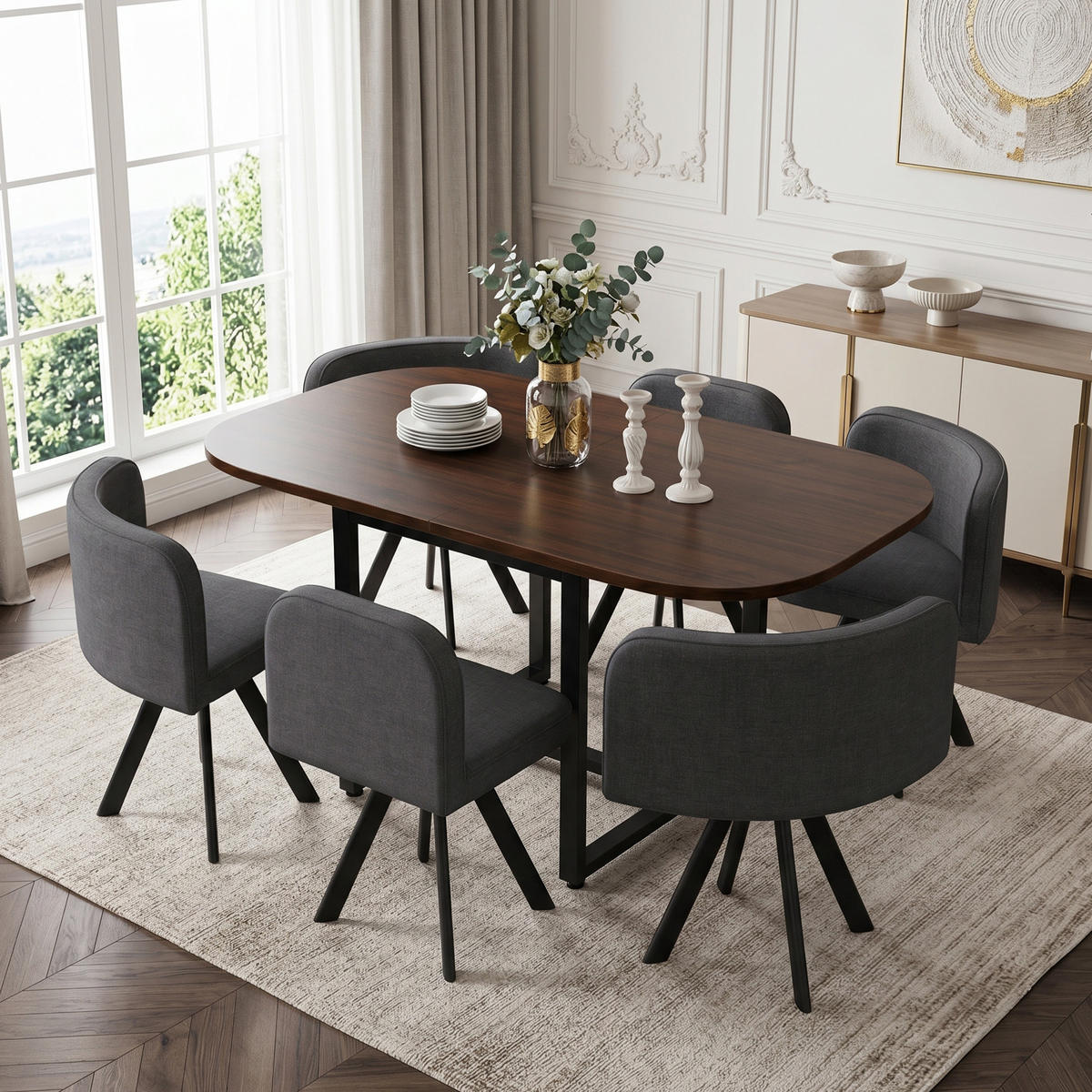 ESSTISCH SET 6 Personen 140x90cm Walnuss Grau Leinen - Walnussfarben/Grau, Holzwerkstoff (140/73/90cm) - FLIEKS