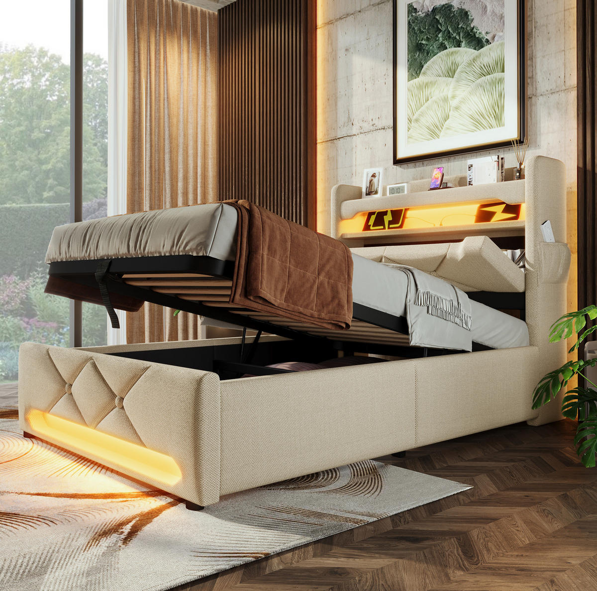 BETT mit LED, Stauraum und Matratze 90x200 cm Leinen Beige - Beige, Metall (90/200cm) - Meubliv
