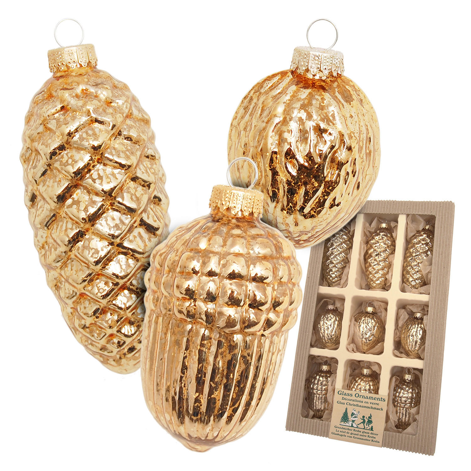 CHRISTBAUMSCHMUCK Nüsse und Zapfen Antik Goldfarbig 10cm (Glas / 9 Stk.) - Goldfarben, Glas (5/10/5cm) - Krebs Glas Lauscha