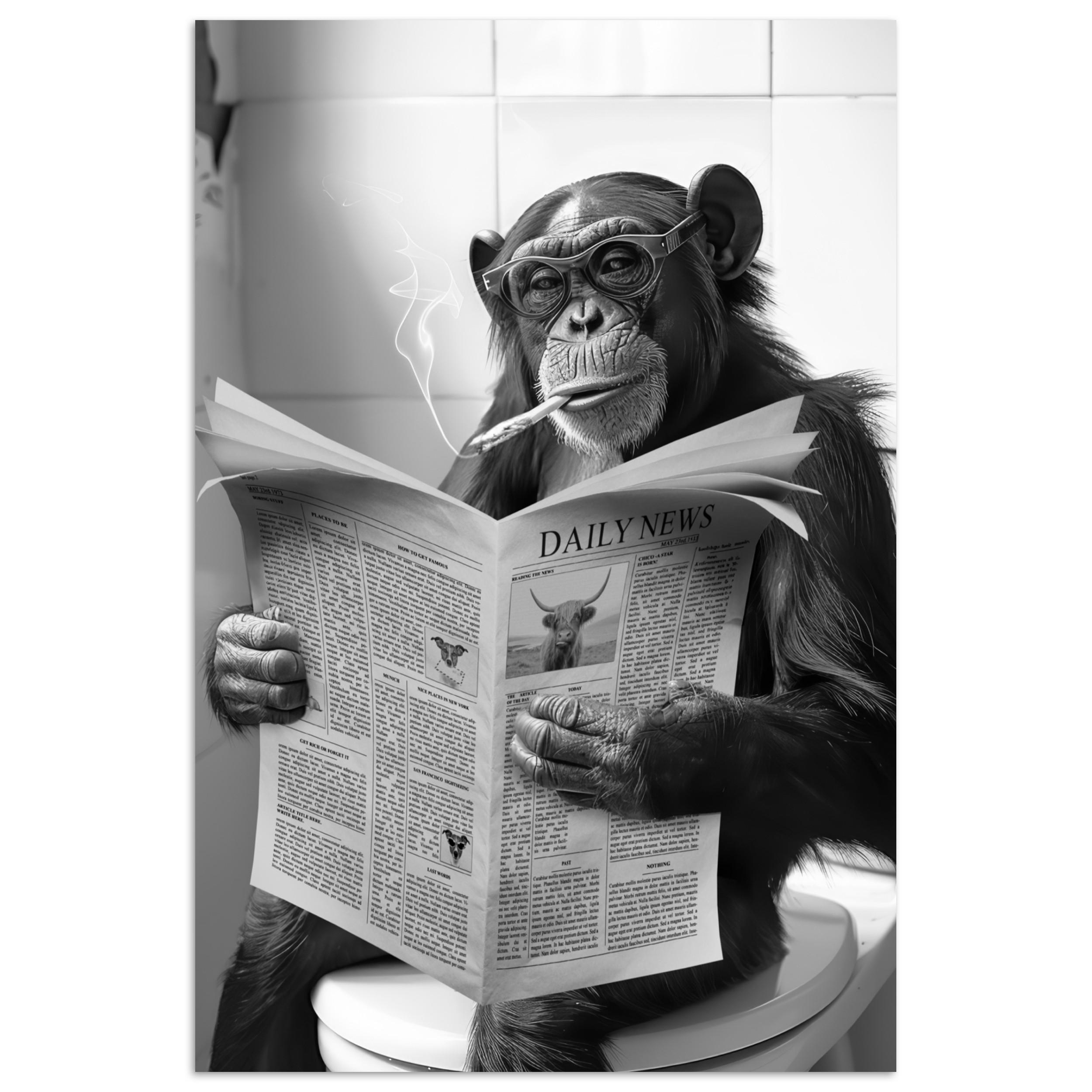 POSTER Affe - WC - Zeitung - Schwarz-Weiß - Humor 20x30 cm - Hellgrau, Papier (20/30/0.1cm) - MuchoWow