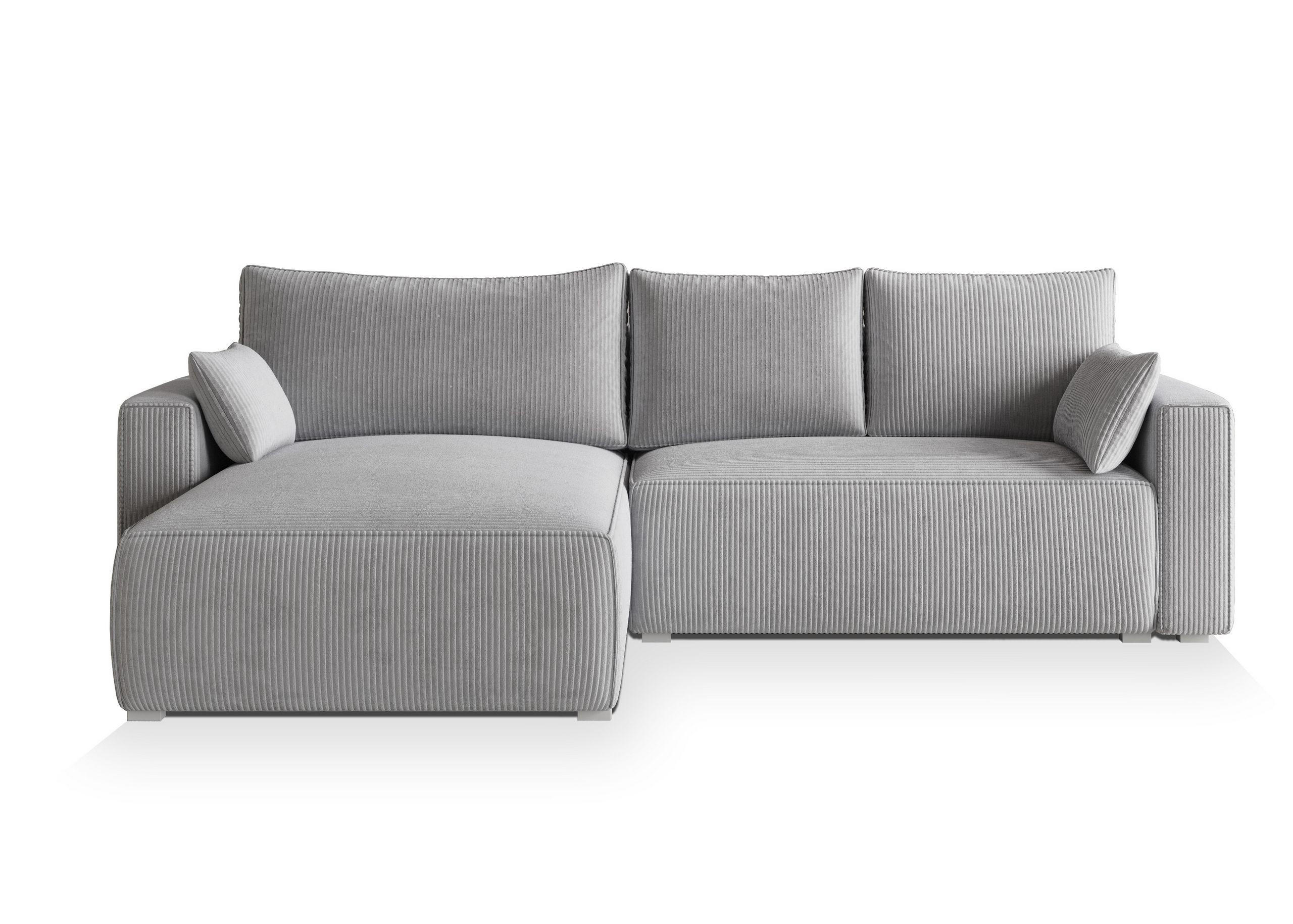 ECKSOFA FORIL P Hellgrau Kordstoff mit Schlaffunktion - Hellgrau, Holz (265/178cm) - MASSENO