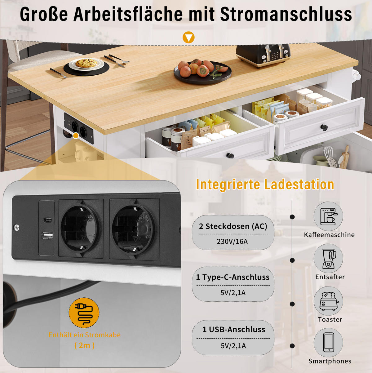 KÜCHENINSEL 120/40-70/92 cm aus MDF mit ausklappbarer Arbeitsplatte, Steckdosenleiste, Rollen und Abfallfach, Weiß/Natur - Weiß, Holzwerkstoff (120/92/70cm) - Redom