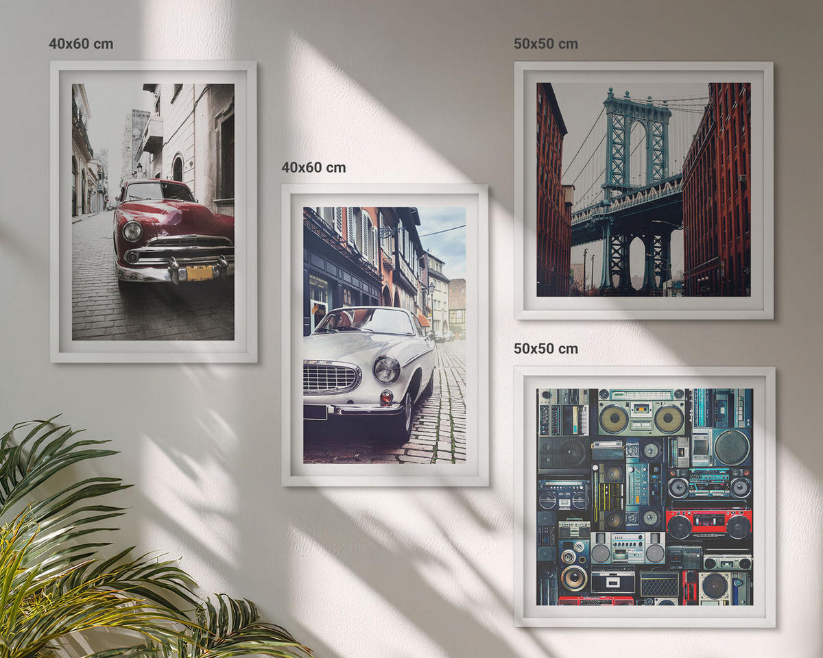 WANDBILDER 4er-Set - 50x50 cm & 40x60 cm Weißer Rahmen - Old Cars Brooklyn Retro-Audio - Weiß, Kunststoff (50/50cm) - ArtPrintCave