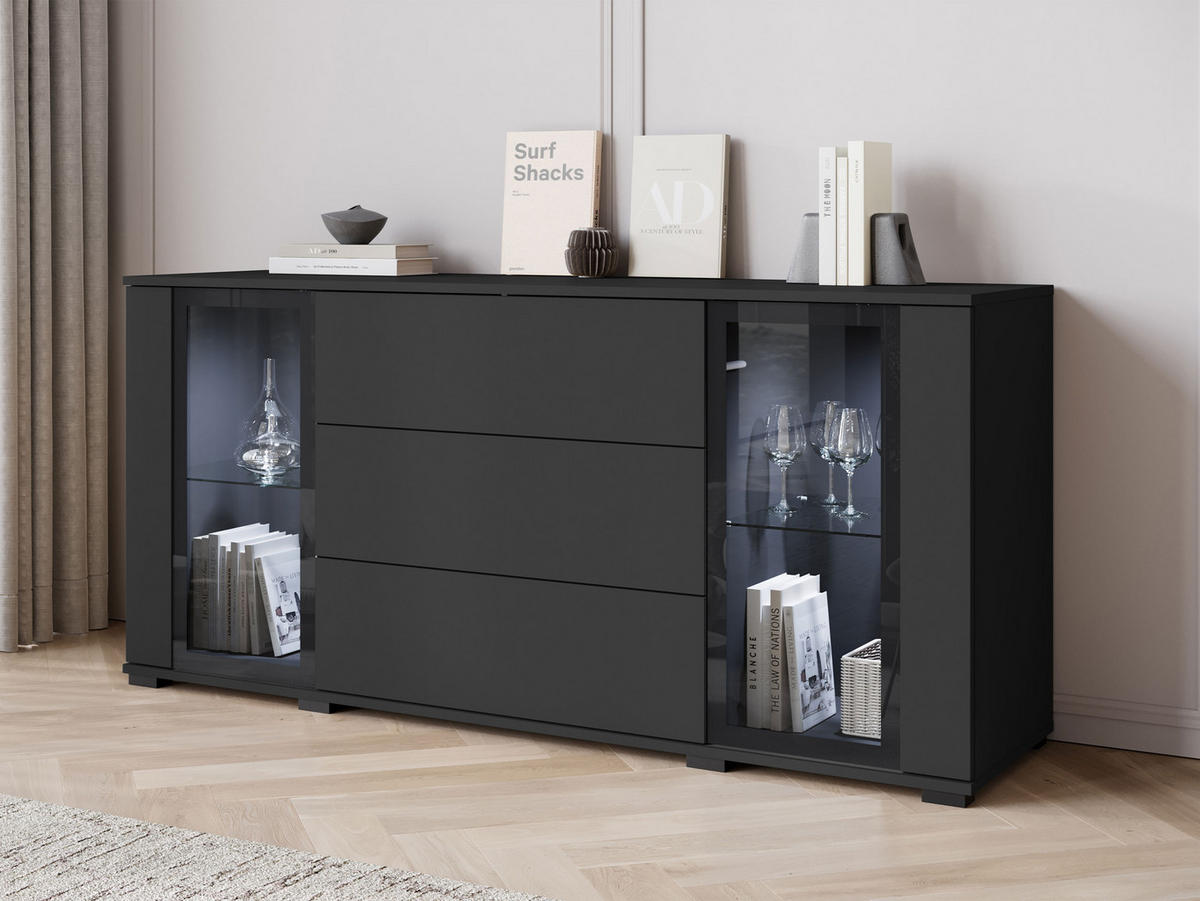 SIDEBOARD Caro SB 150 2D3S mit weißer LED Beleuchtung - Schwarz, Holzwerkstoff/Kunststoff (150/70/40cm) - MIRJAN24