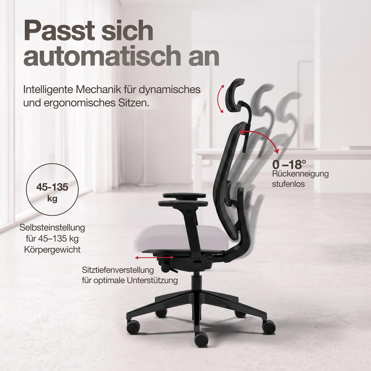DREHSTUHL Ergonomischer Bürostuhl Atessa mit Netzrücken und Kopfstütze / Mit Kopfstütze Hellgrau Netzrücken für Luftzirkulation - Hellgrau, Textil (62.5/120.5/45cm) - ASSMANN