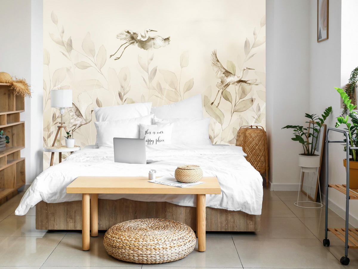 FOTOTAPETE Vögel Blätter Wiese Retro Stil 350x256 - Beige, Papier (350/256cm) - Muralo