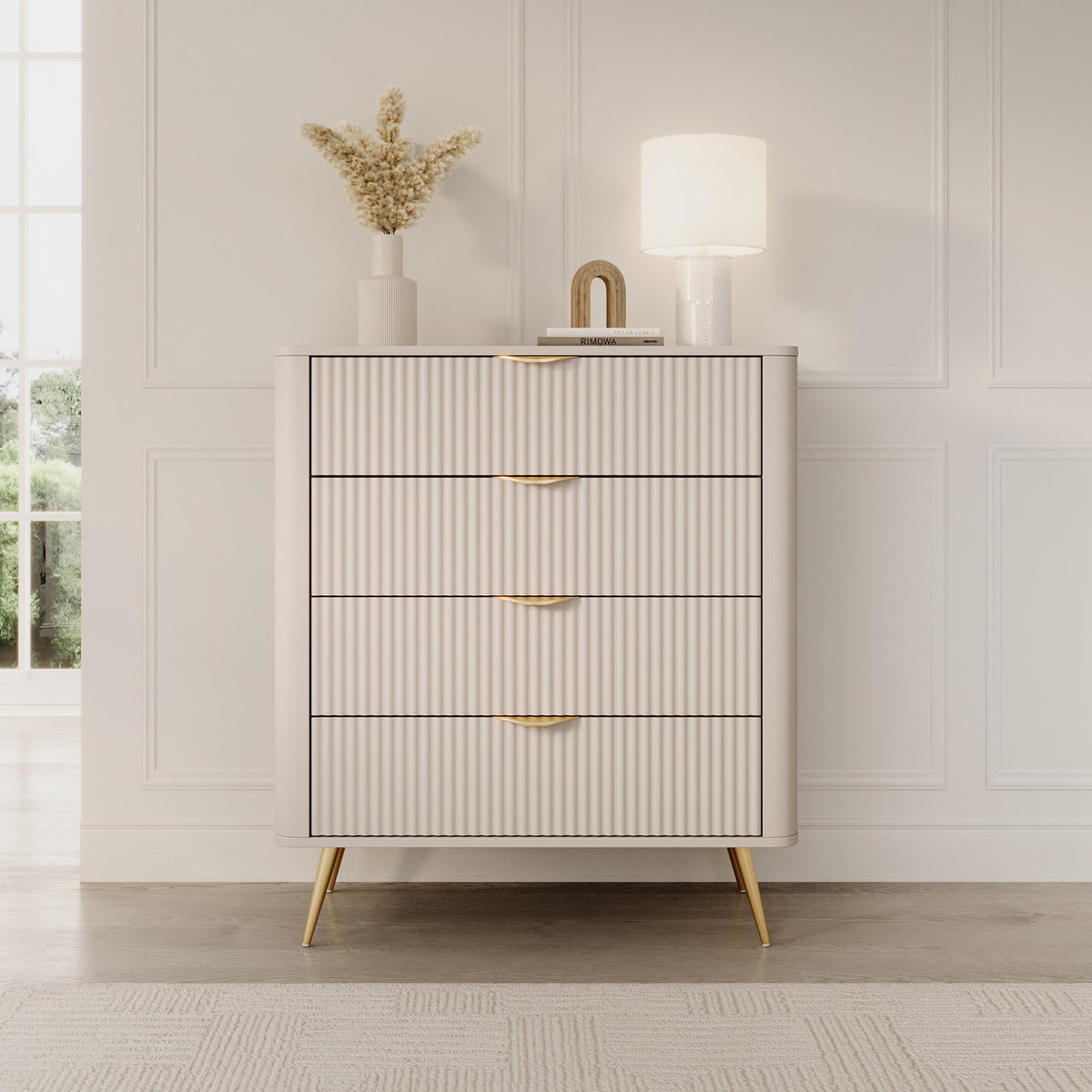 SIDEBOARD mit Schubladen Brando, 88 cm, Beinen, Beige - Beige/Goldfarben, Holz/Metall (88/101/38cm) - Emporius