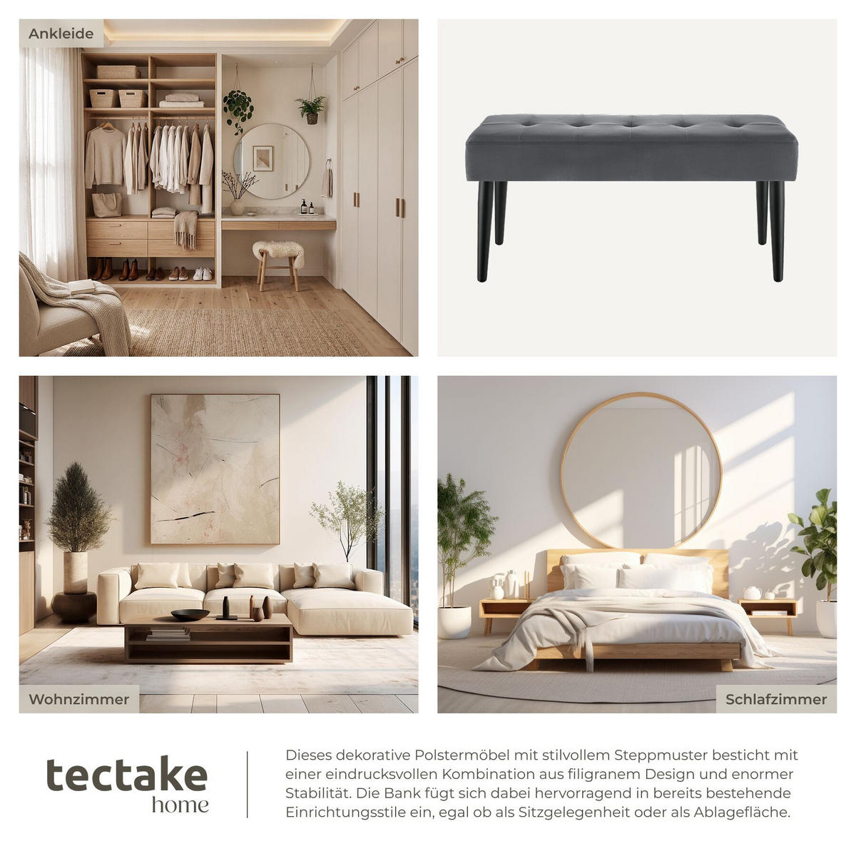 SITZBANK Glora, Belastbarkeit 220 kg, 95 x 38 x 45 cm, Samtoptik grau - Samtahornfarben, Holz (95/45/38cm) - tectake