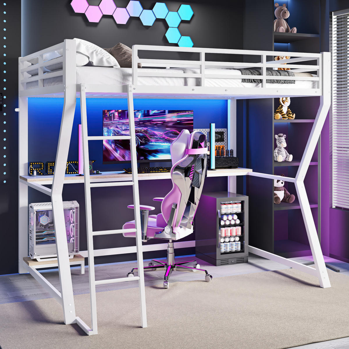 HOCHBETT 90x200cm Weiß LED-Licht Computerablage Schreibtisch USB - Weiß, Metall (90/200cm) - FLIEKS