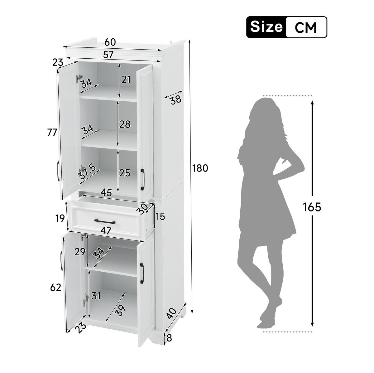 BADEZIMMERSCHRANK mit Stauraum 60 x 40 x 180 cm Weiß - Weiß, Holzwerkstoff (38/180/57cm) - Beauniv