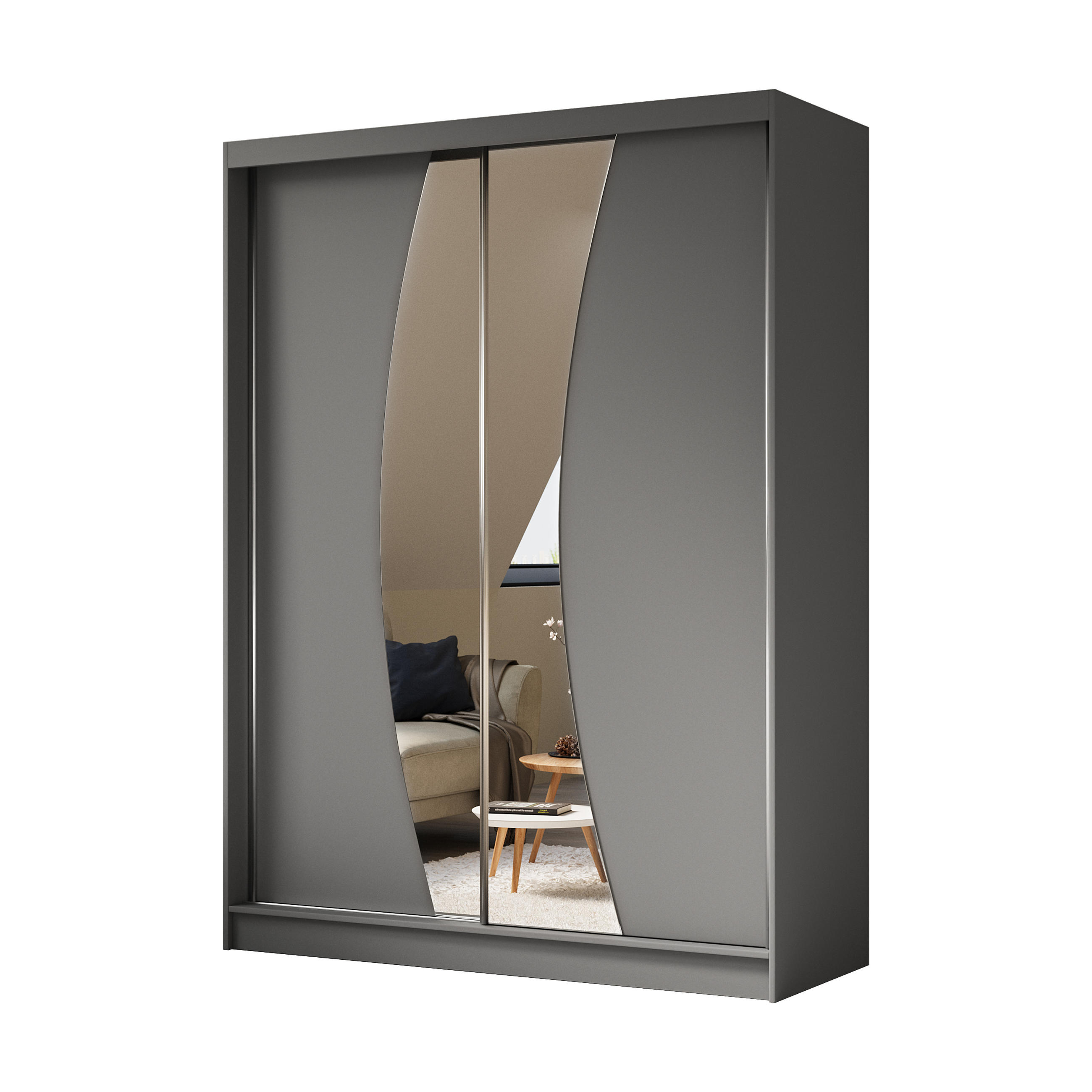 KLEIDERSCHRANK mit Spiegel-Schiebetüren und Aluminium-Leisten - VOXI - 160 cm Grau - Grau, Holzwerkstoff (160/216/61cm) - ALTDECOR