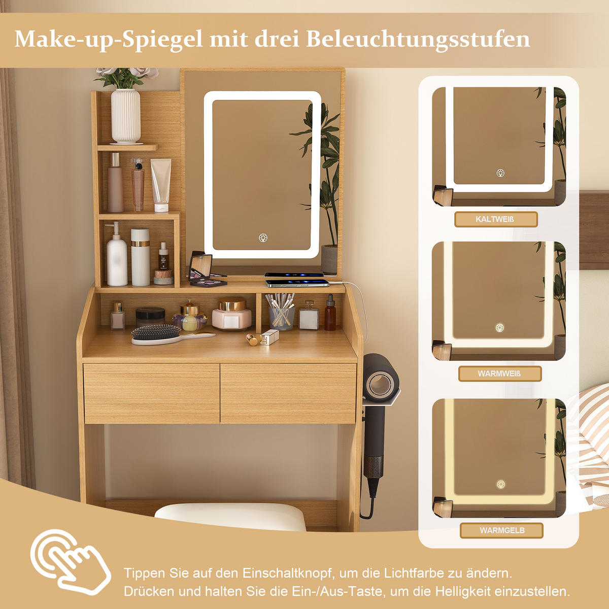 SCHMINKTISCH in Holzoptik 60 cm mit LED-Spiegel, Steckdose und Hocker - Naturfarben, Holzwerkstoff (60/130/36cm) - Urban Meuble